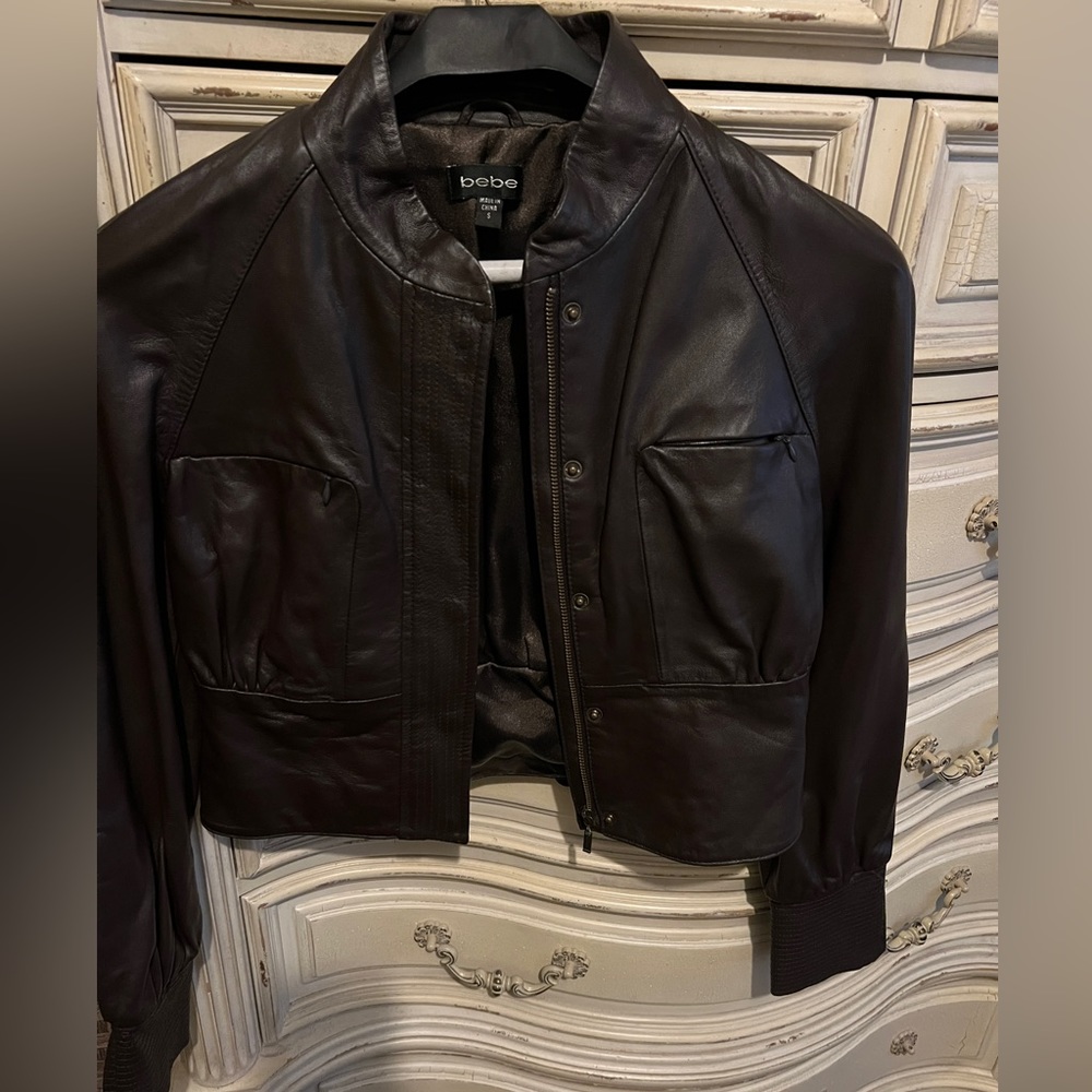 Bebe chocolate brown cropped real leather jacket